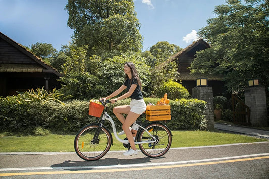 DYU C6 step-through city electric bike with front basket on urban street
