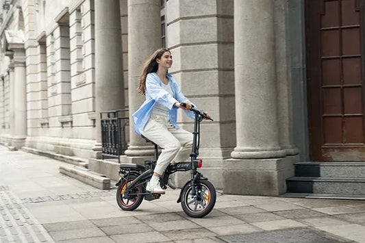 DYU A1F PRO folding e-bike with front basket on city street