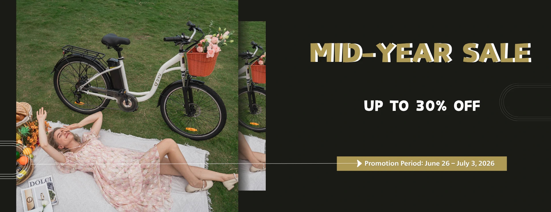 Horizontal DYU mid-year sale ecommerce banner, black split layout, picnic lifestyle shot of white DYU comfort electric bike, maximum 30% discount event June 26-July 3 2026.