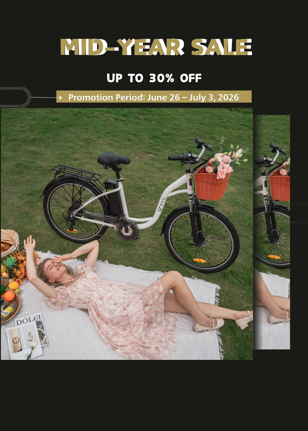 Vertical DYU mid-year sale social poster, dark black background, outdoor picnic scene with white step-through DYU city e-bike, up to 30% off promotion June 26-July 3 2026.